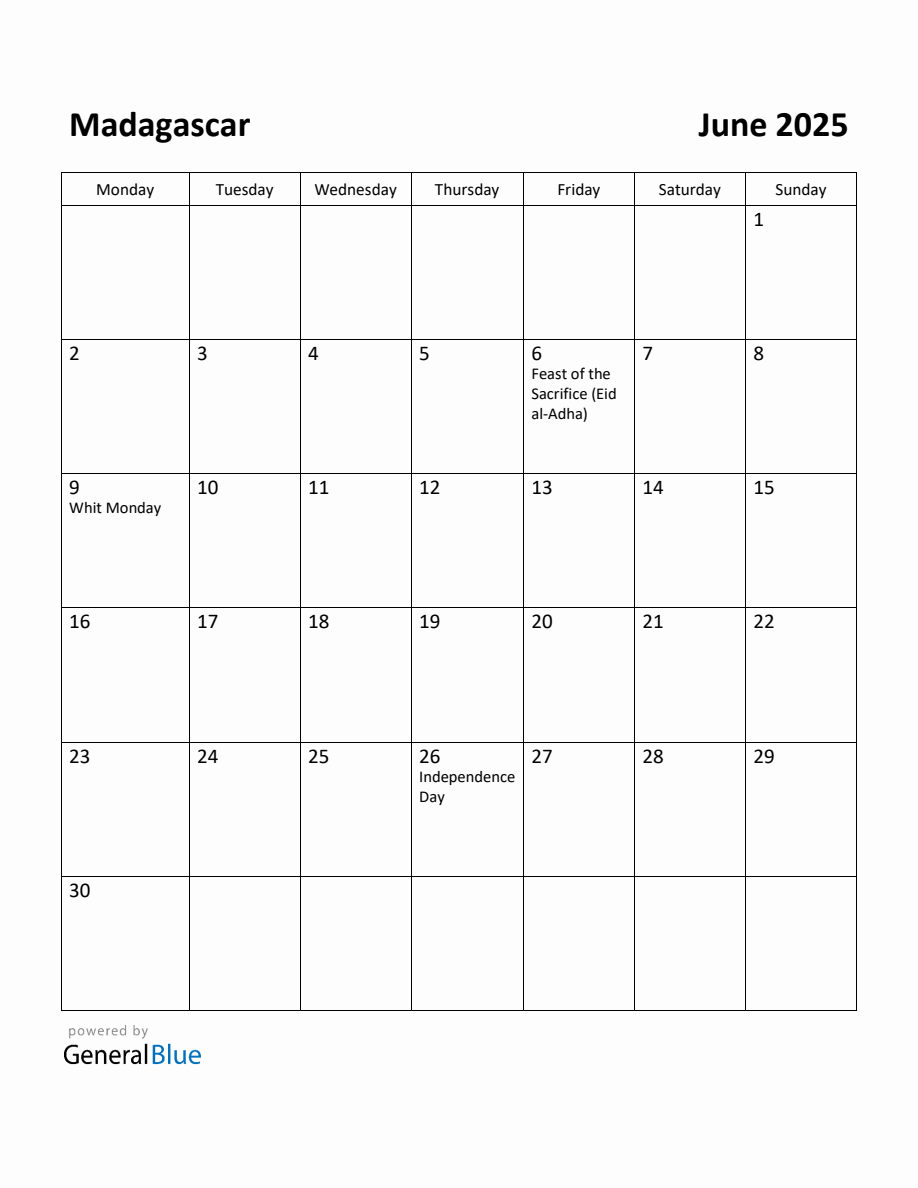 Free Printable June 2025 Calendar for Madagascar