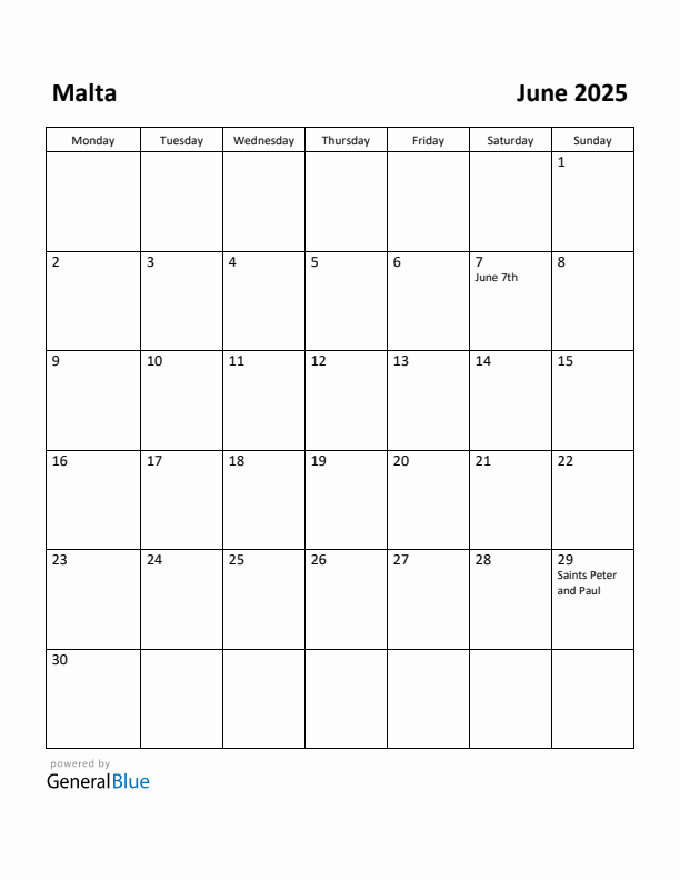 June 2025 Calendar with Malta Holidays