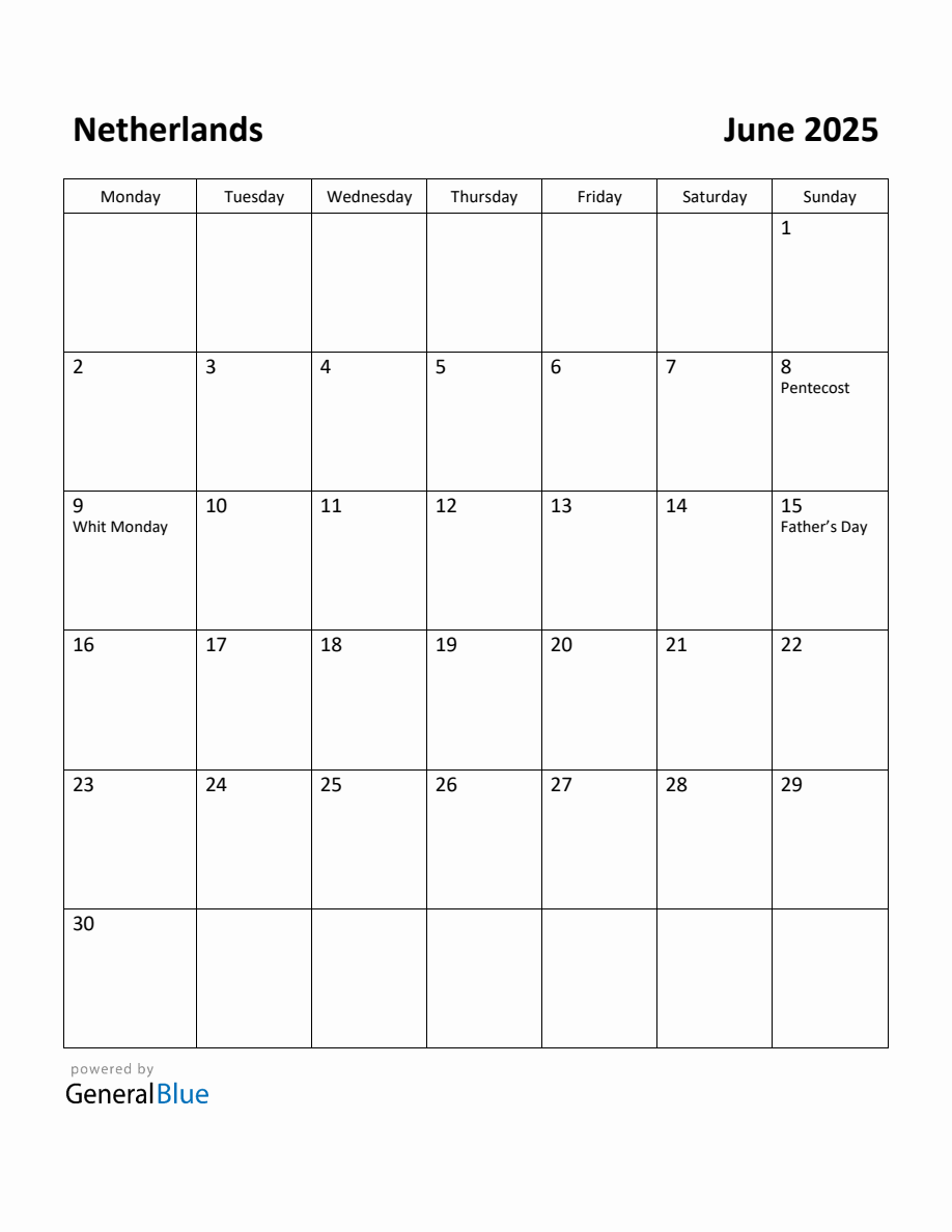 Free Printable June 2025 Calendar for Netherlands