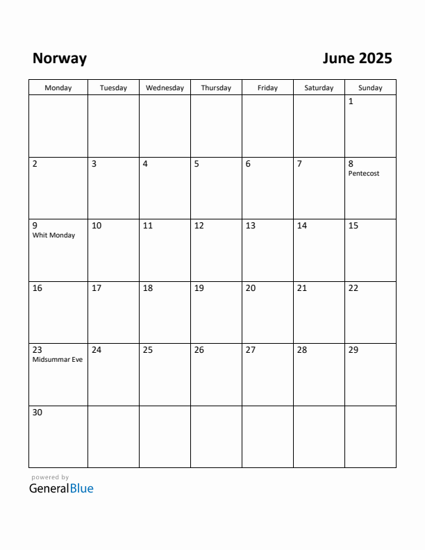 June 2025 Calendar with Norway Holidays