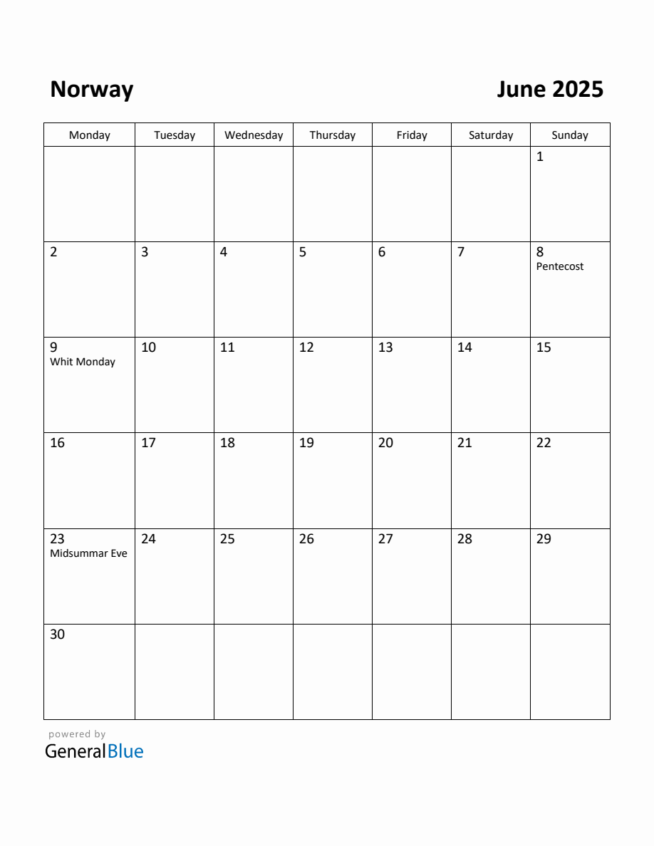Free Printable June 2025 Calendar for Norway