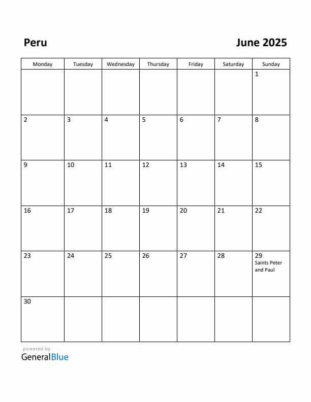 June 2025 Calendar with Peru Holidays