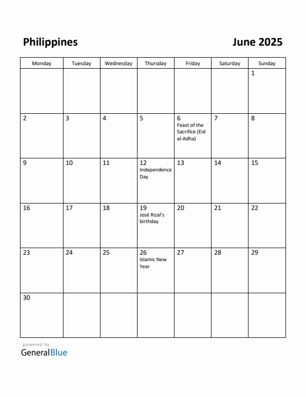 Free Printable June 2025 Calendar for Philippines