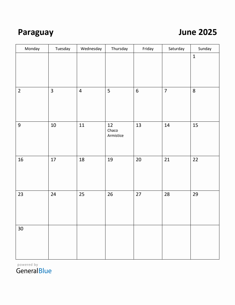 Free Printable June 2025 Calendar for Paraguay