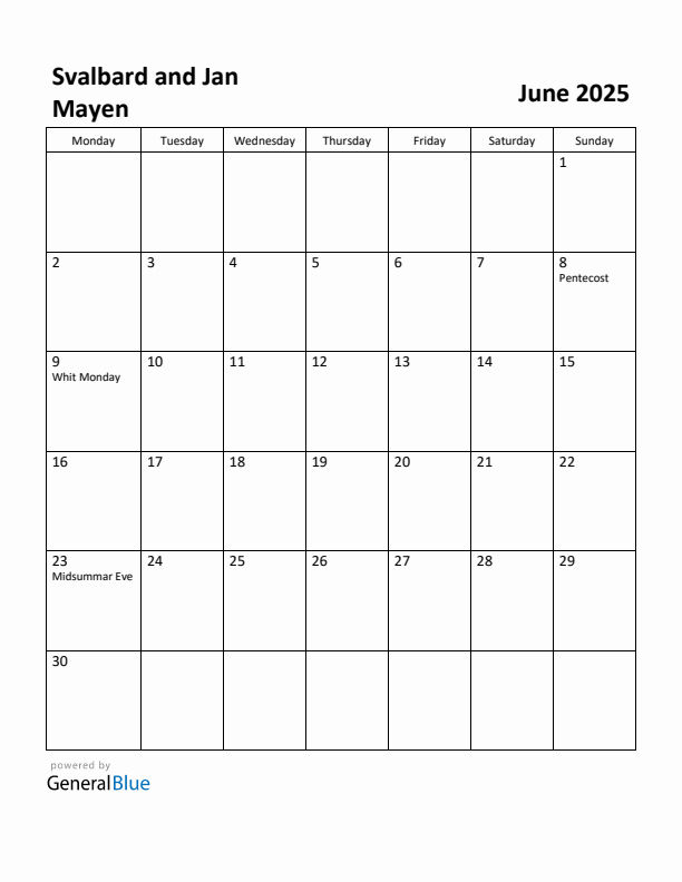 June 2025 Calendar with Svalbard and Jan Mayen Holidays