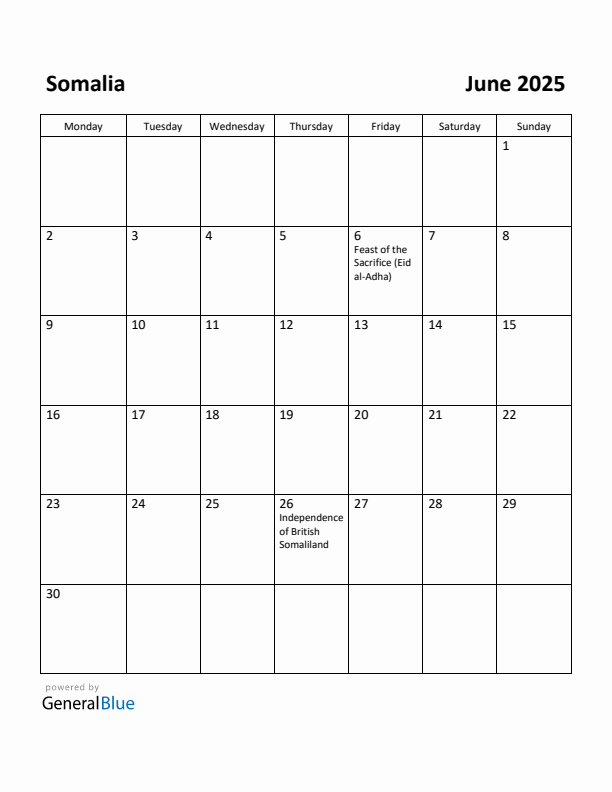 June 2025 Calendar with Somalia Holidays