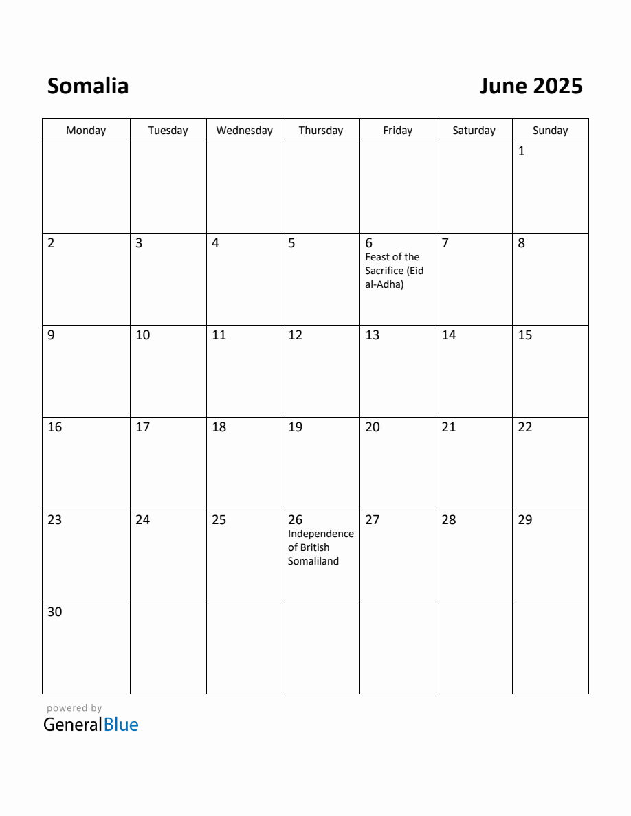 Free Printable June 2025 Calendar for Somalia