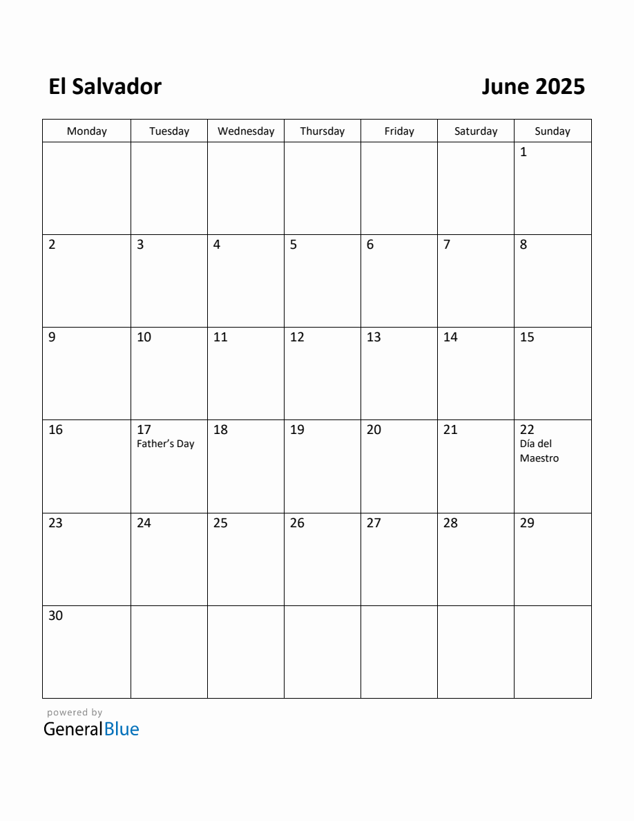 Free Printable June 2025 Calendar for El Salvador