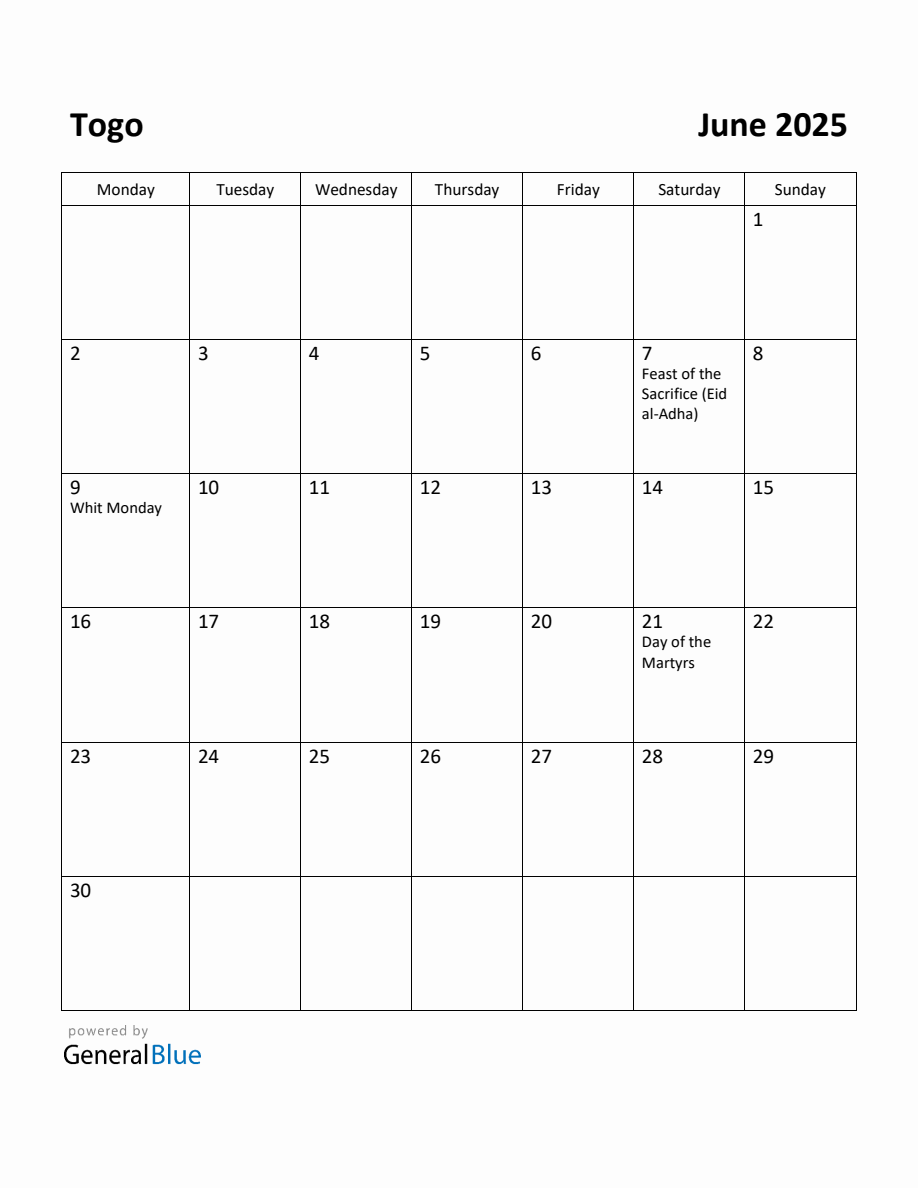 Free Printable June 2025 Calendar for Togo