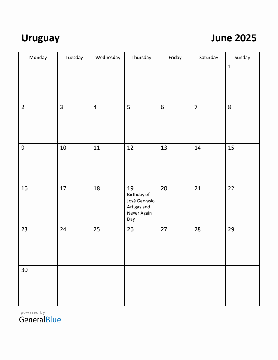 Free Printable June 2025 Calendar for Uruguay