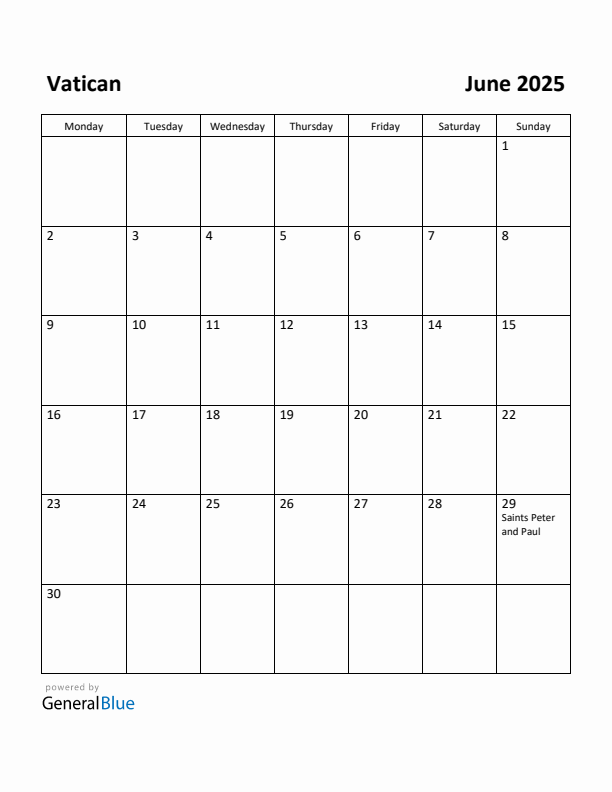 June 2025 Calendar with Vatican Holidays