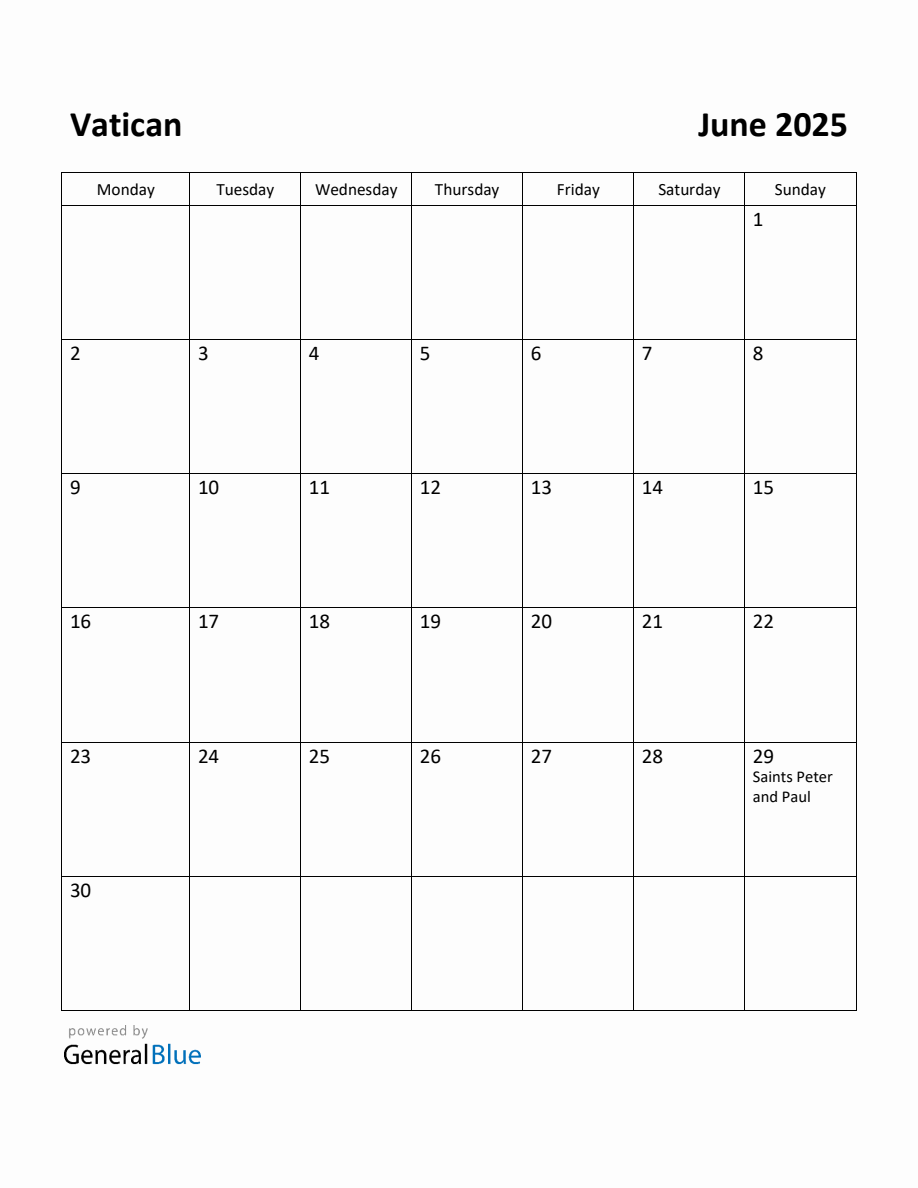 Free Printable June 2025 Calendar for Vatican