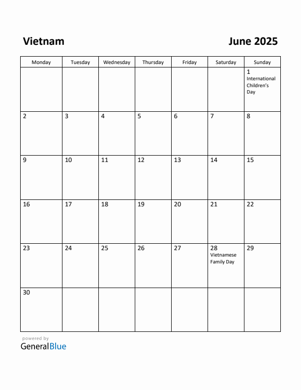 Free Printable June 2025 Calendar for Vietnam