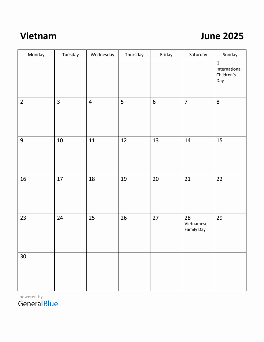 Free Printable June 2025 Calendar for Vietnam