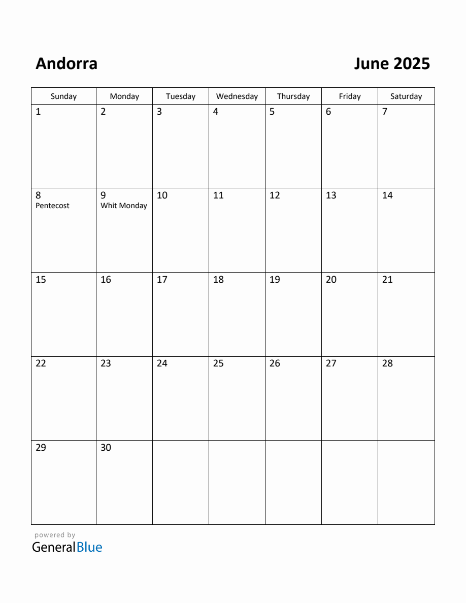 Free Printable June 2025 Calendar for Andorra