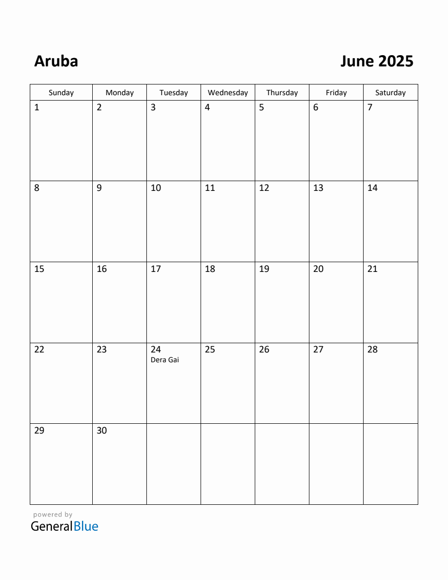 Free Printable June 2025 Calendar for Aruba