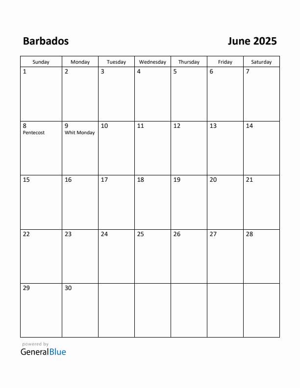 June 2025 Calendar with Barbados Holidays
