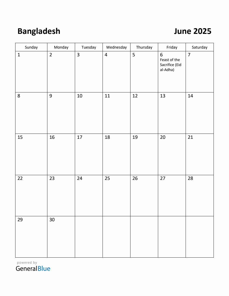 Free Printable June 2025 Calendar for Bangladesh