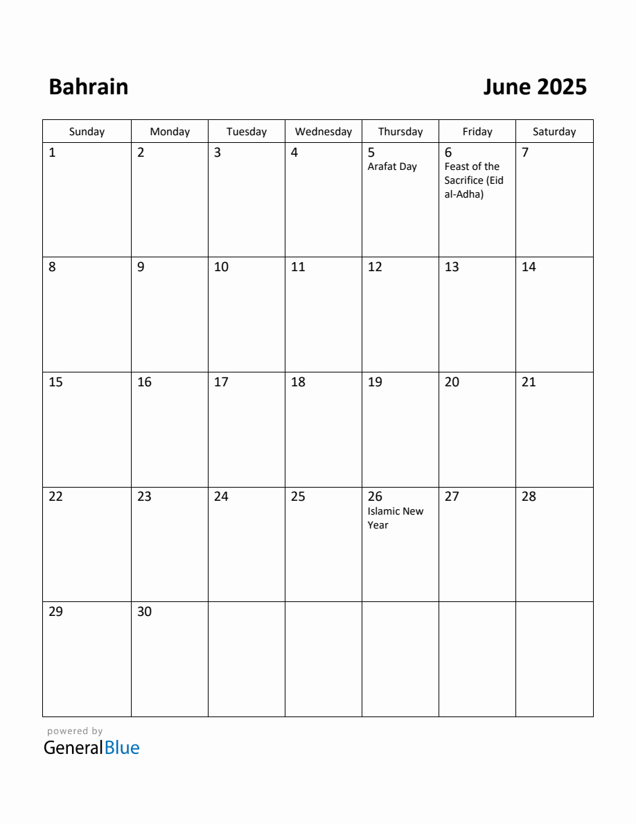 Free Printable June 2025 Calendar for Bahrain