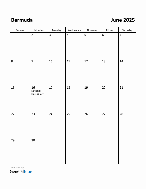 Free Printable June 2025 Calendar for Bermuda