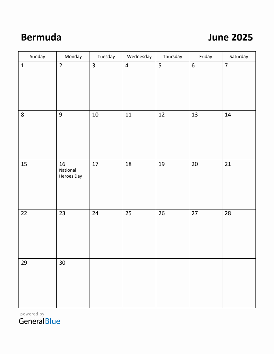 Free Printable June 2025 Calendar for Bermuda