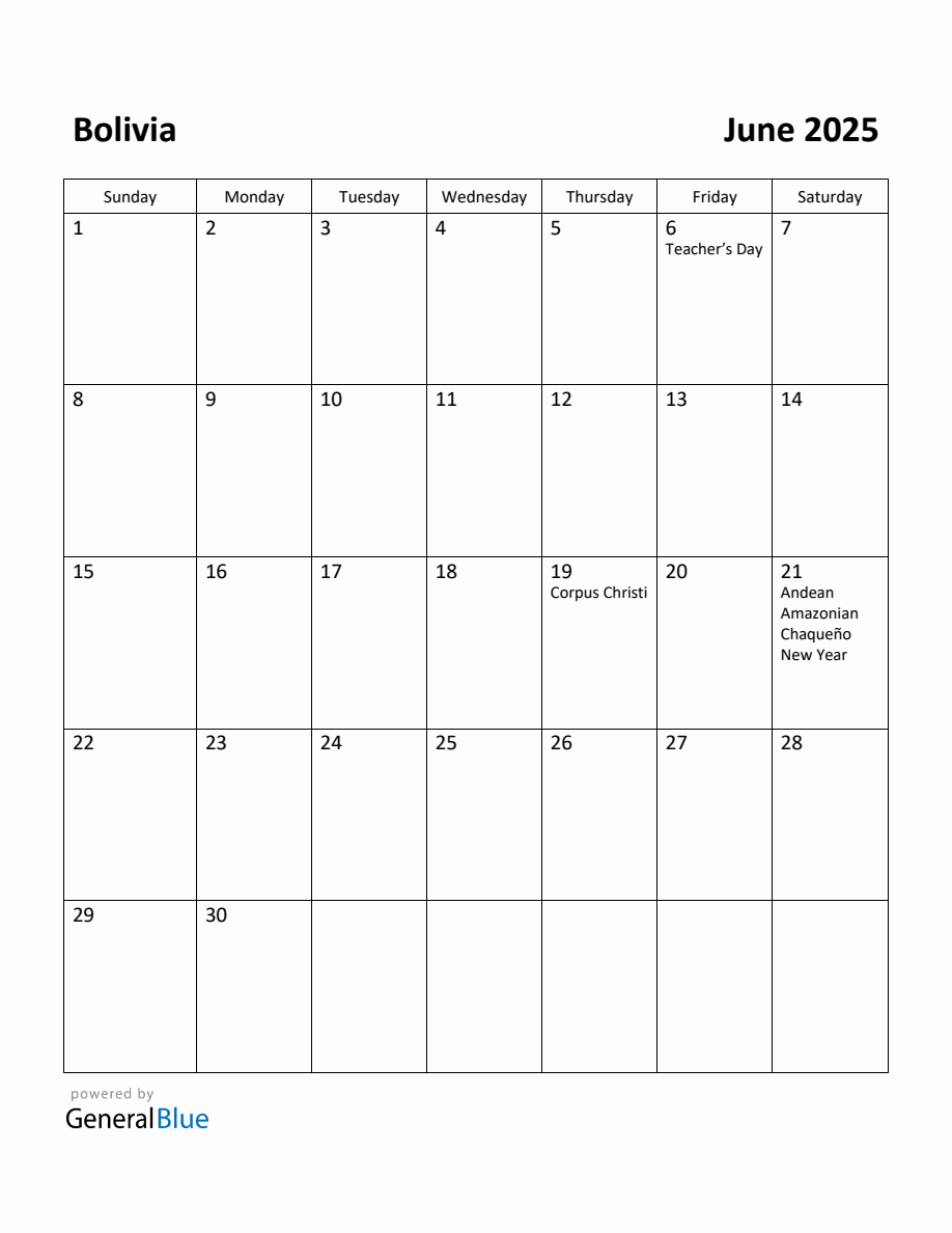 Free Printable June 2025 Calendar for Bolivia