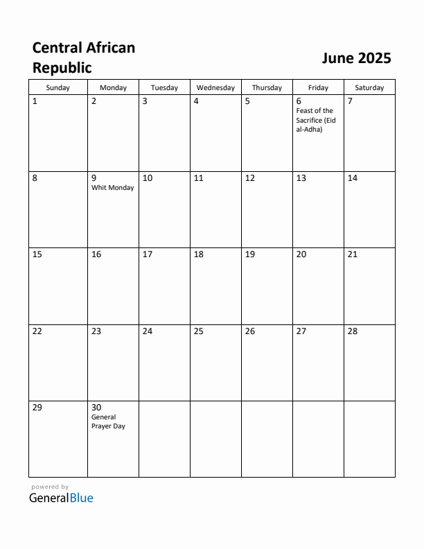 June 2025 Calendar with Central African Republic Holidays