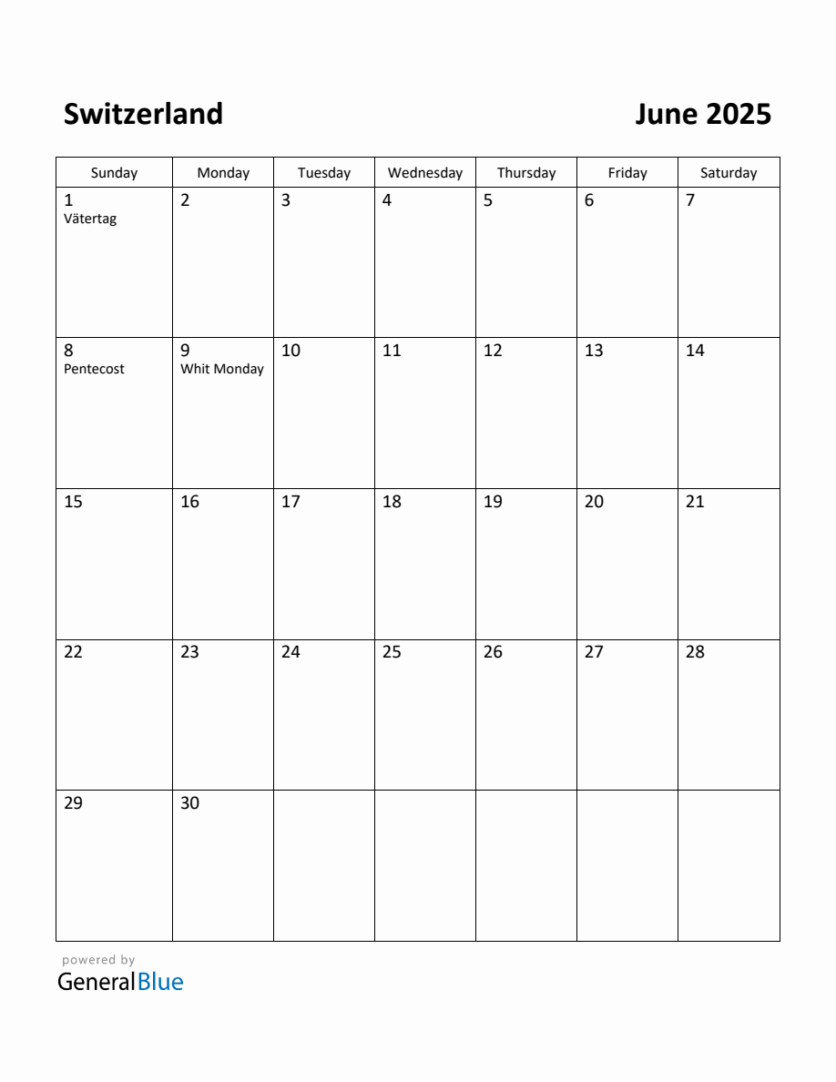 Free Printable June 2025 Calendar for Switzerland