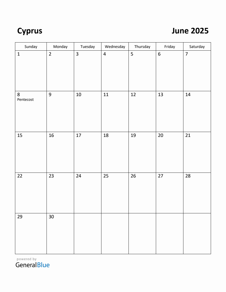 Free Printable June 2025 Calendar for Cyprus