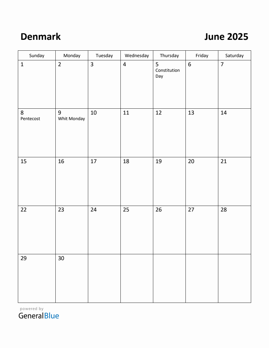 Free Printable June 2025 Calendar for Denmark