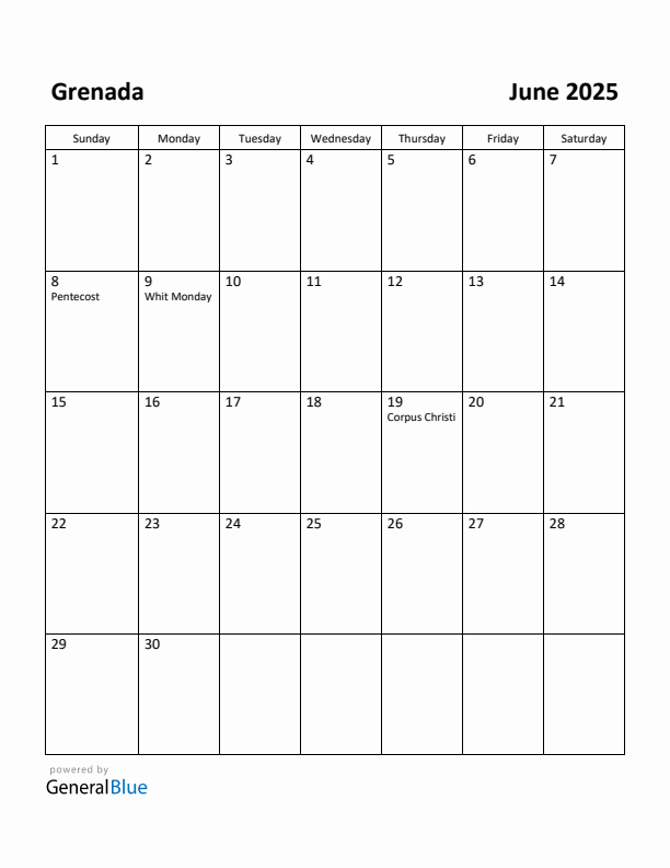 June 2025 Calendar with Grenada Holidays
