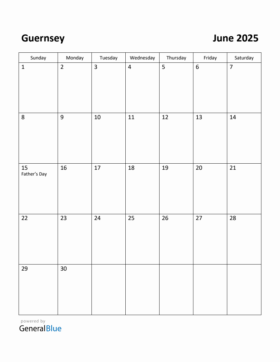 Free Printable June 2025 Calendar for Guernsey
