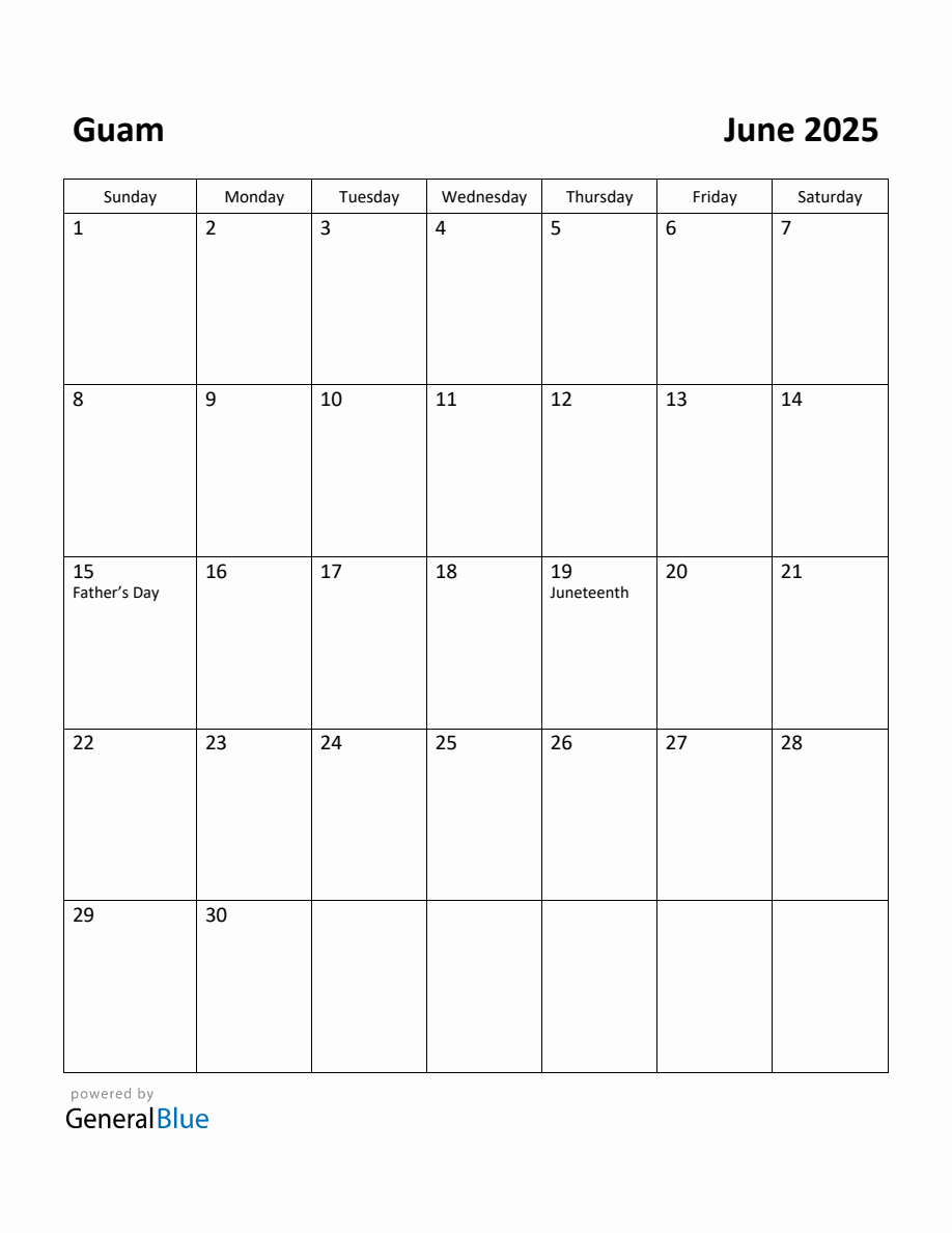 Free Printable June 2025 Calendar for Guam