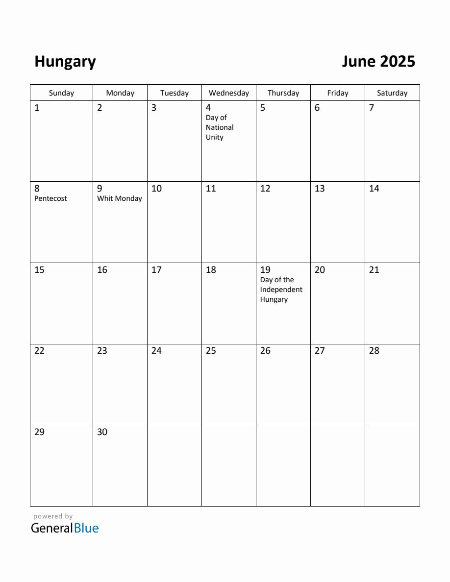 Free Printable June 2025 Calendar for Hungary