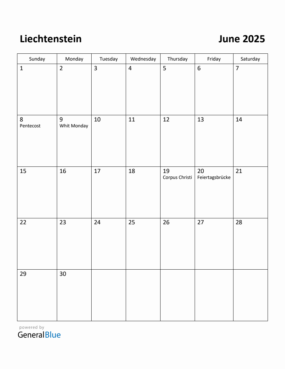 Free Printable June 2025 Calendar for Liechtenstein