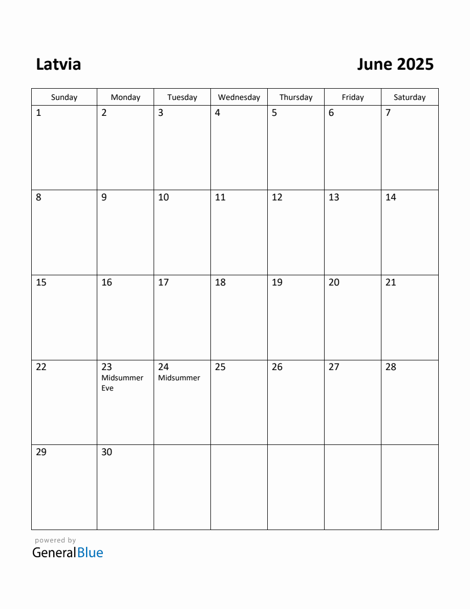 Free Printable June 2025 Calendar for Latvia