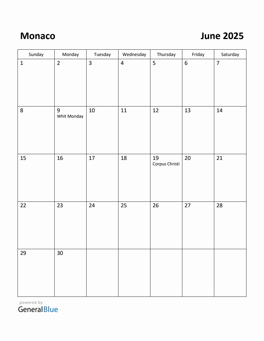 Free Printable June 2025 Calendar for Monaco