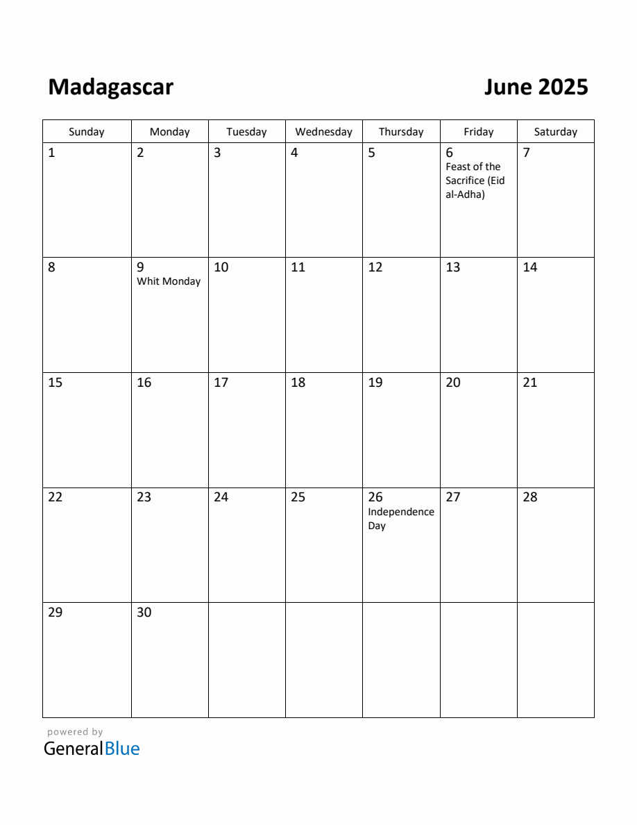 Free Printable June 2025 Calendar for Madagascar