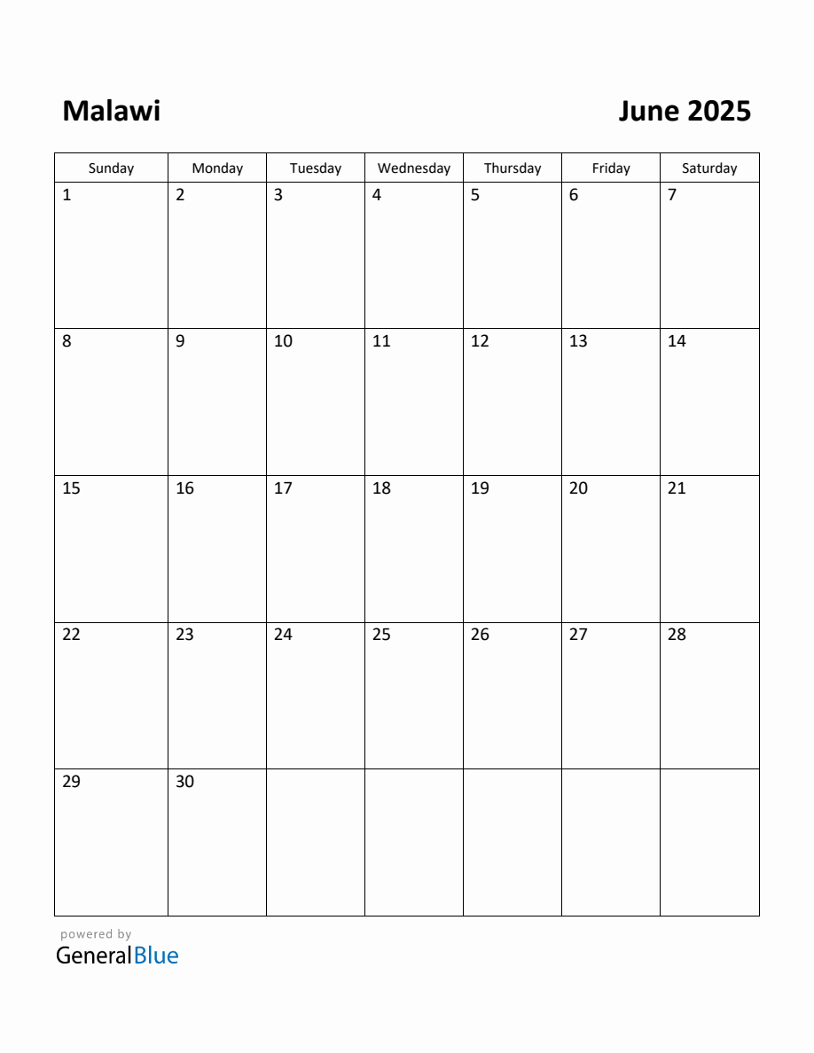 Free Printable June 2025 Calendar for Malawi