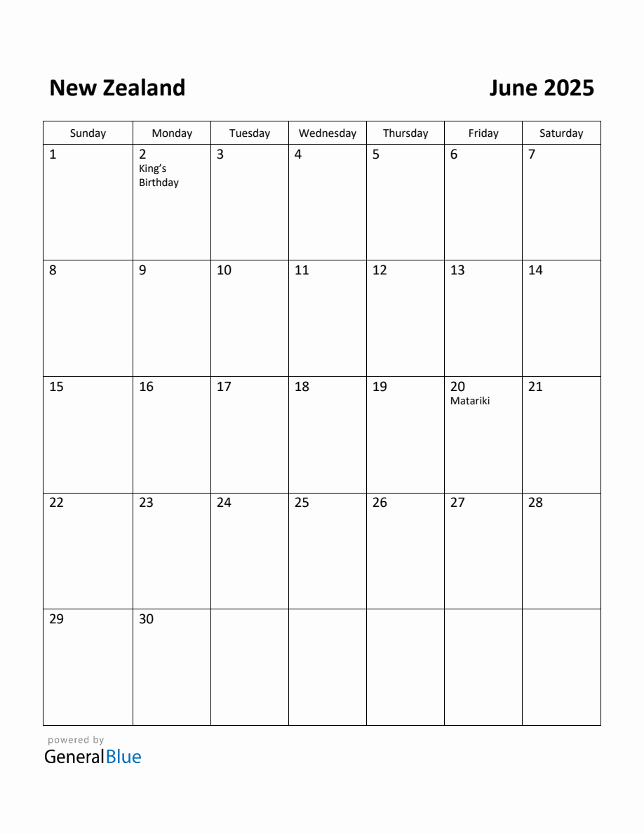 Free Printable June 2025 Calendar for New Zealand