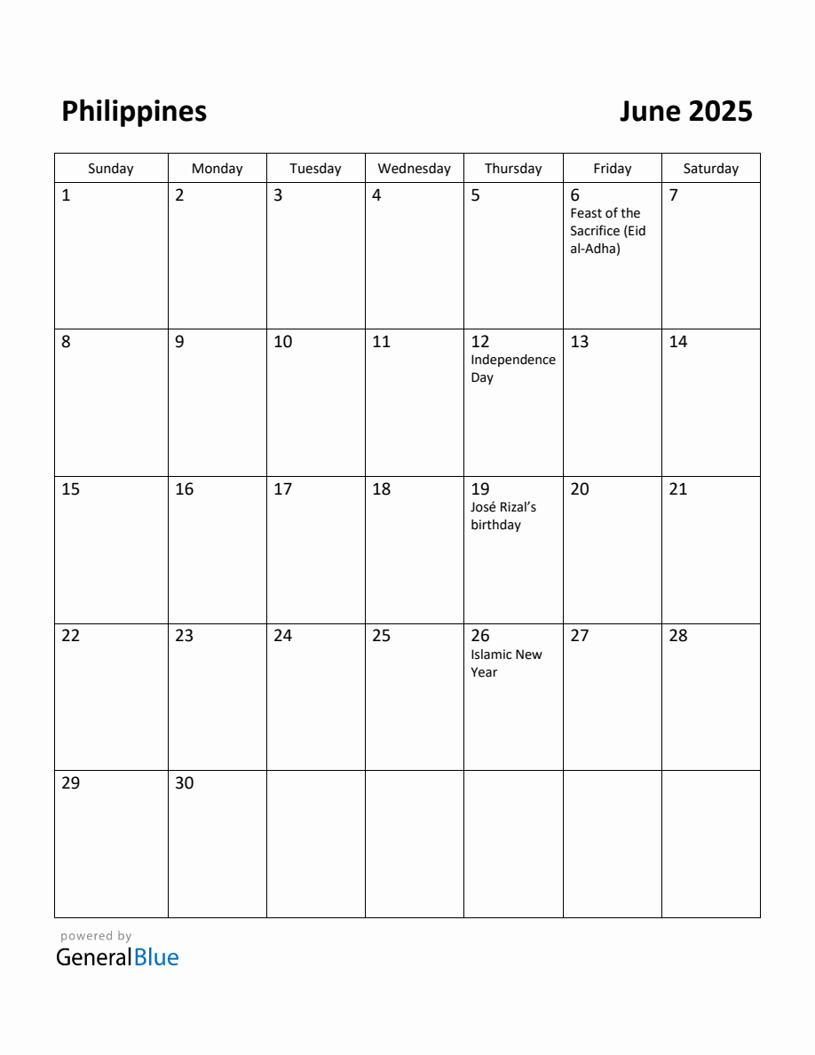 Free Printable June 2025 Calendar for Philippines