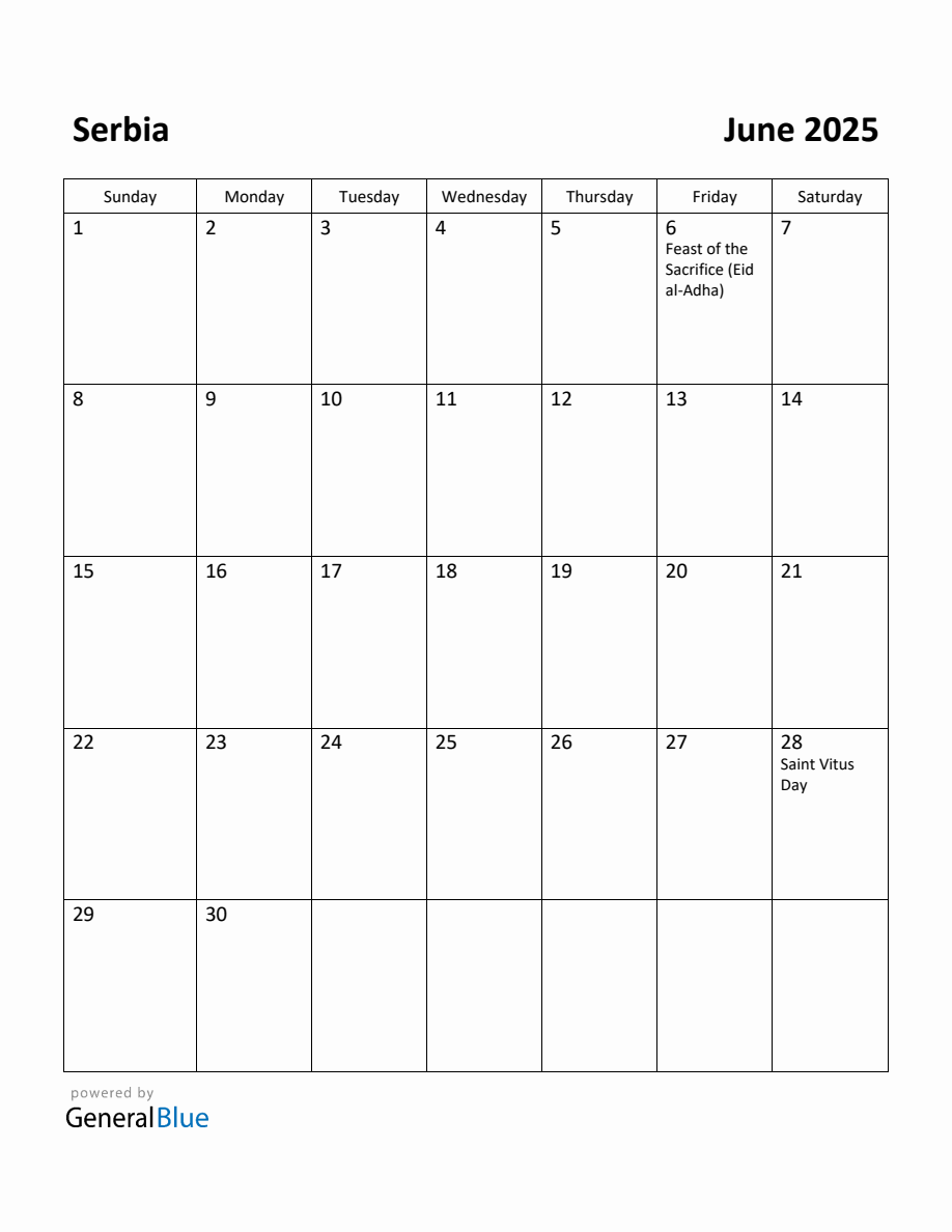 Free Printable June 2025 Calendar for Serbia