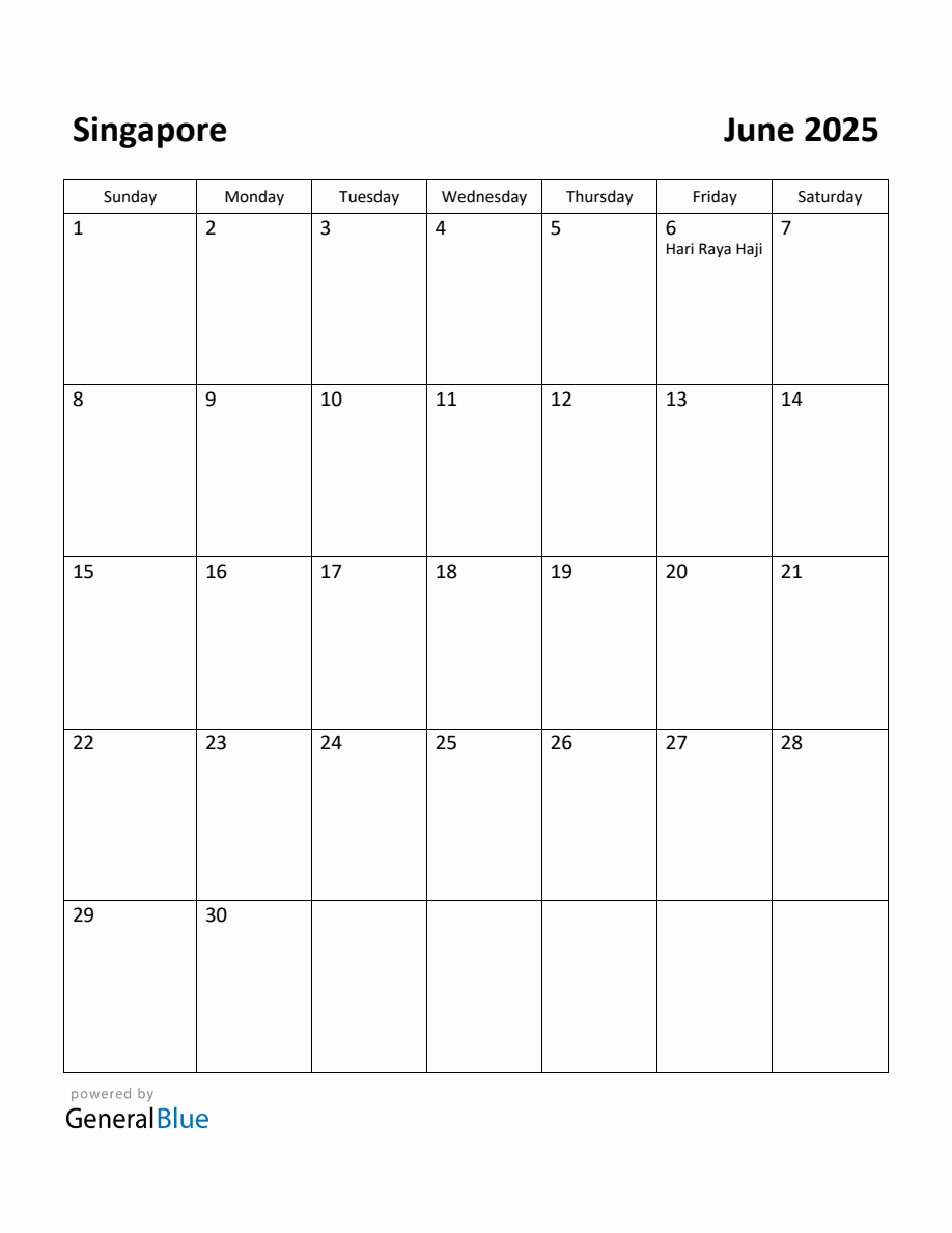 Free Printable June 2025 Calendar for Singapore