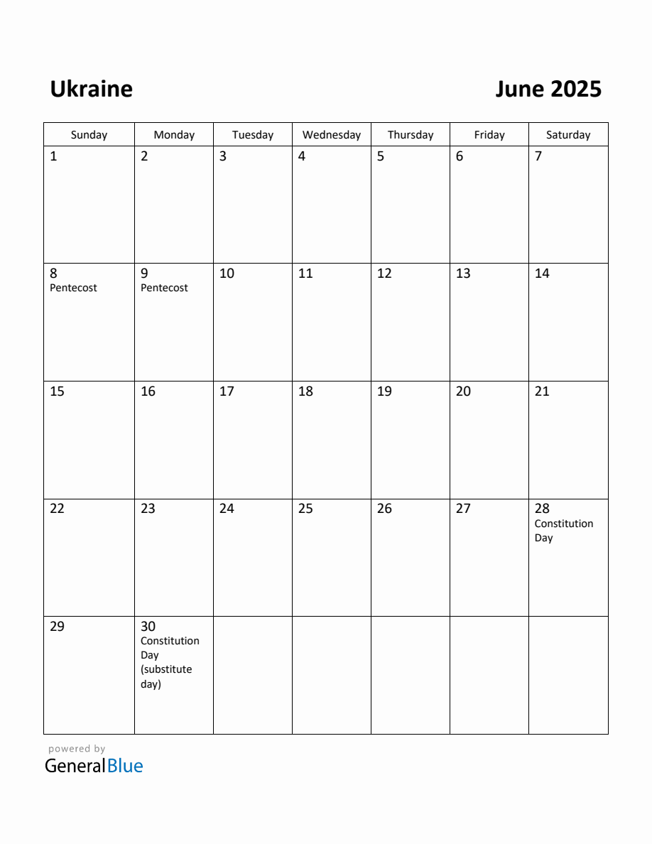 Free Printable June 2025 Calendar for Ukraine