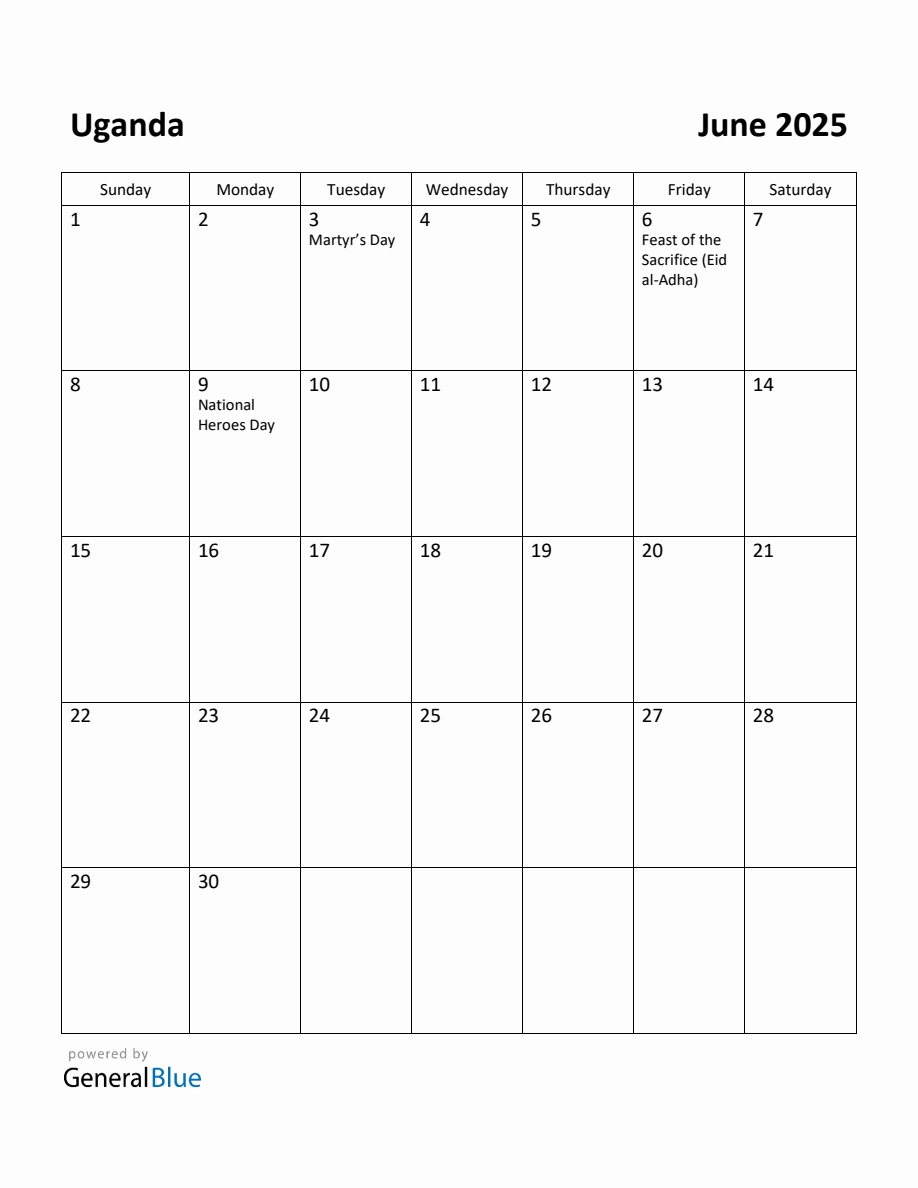 Free Printable June 2025 Calendar for Uganda