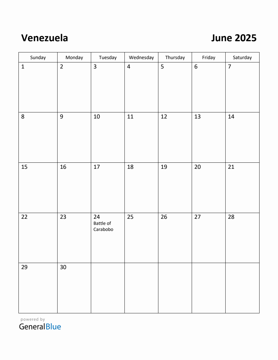 Free Printable June 2025 Calendar for Venezuela