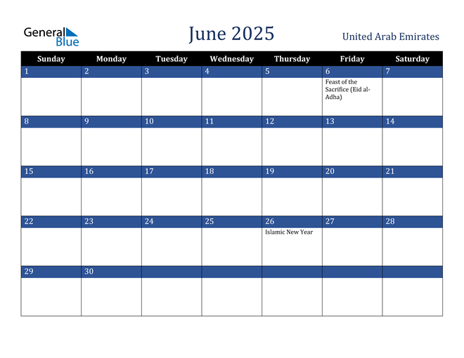 United Arab Emirates June 2025 Calendar with Holidays