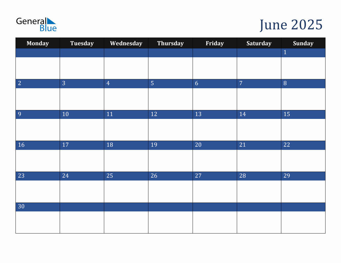 June 2025 Downloadable Monday Start Calendar