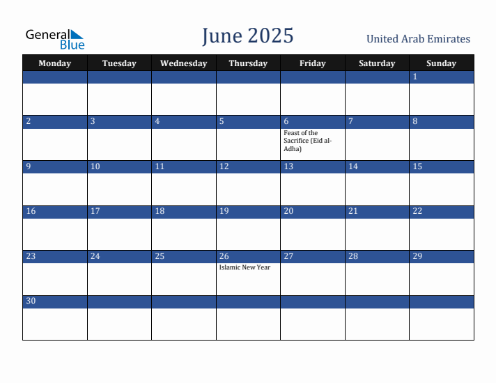 June 2025 United Arab Emirates Calendar (Monday Start)