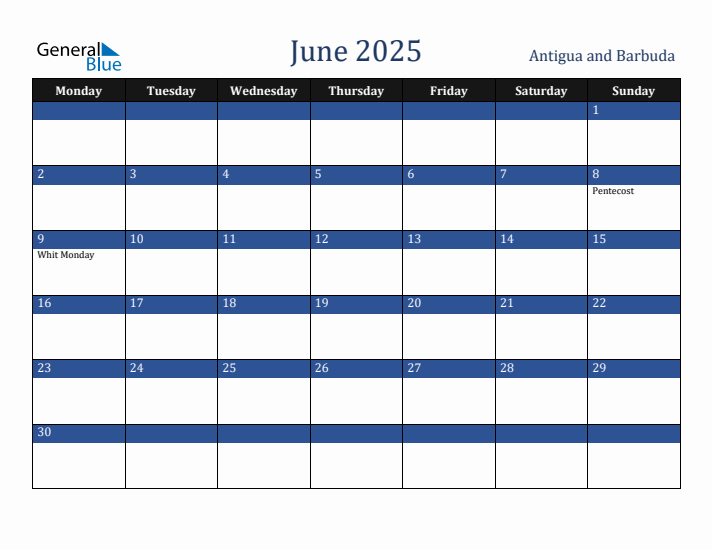 June 2025 Antigua and Barbuda Calendar (Monday Start)